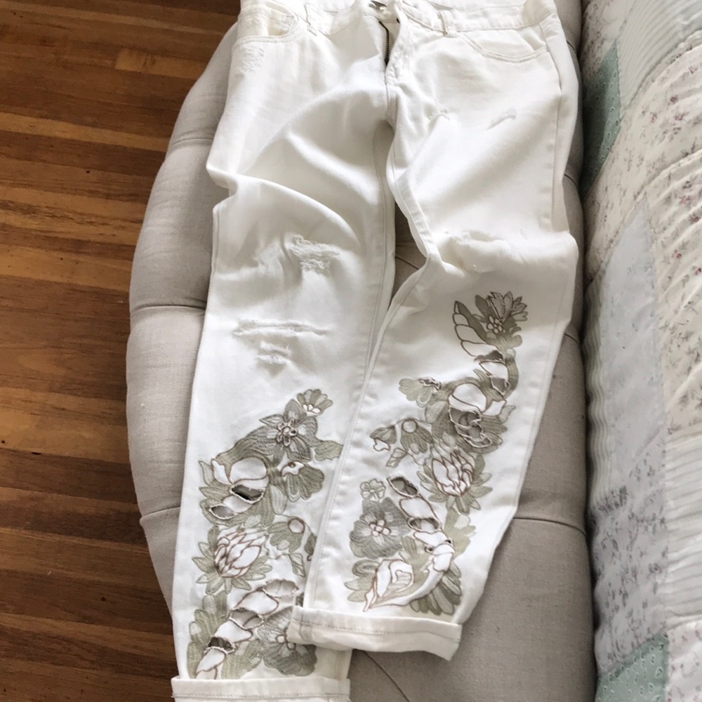 Free People Floral Embroidered White Jeans